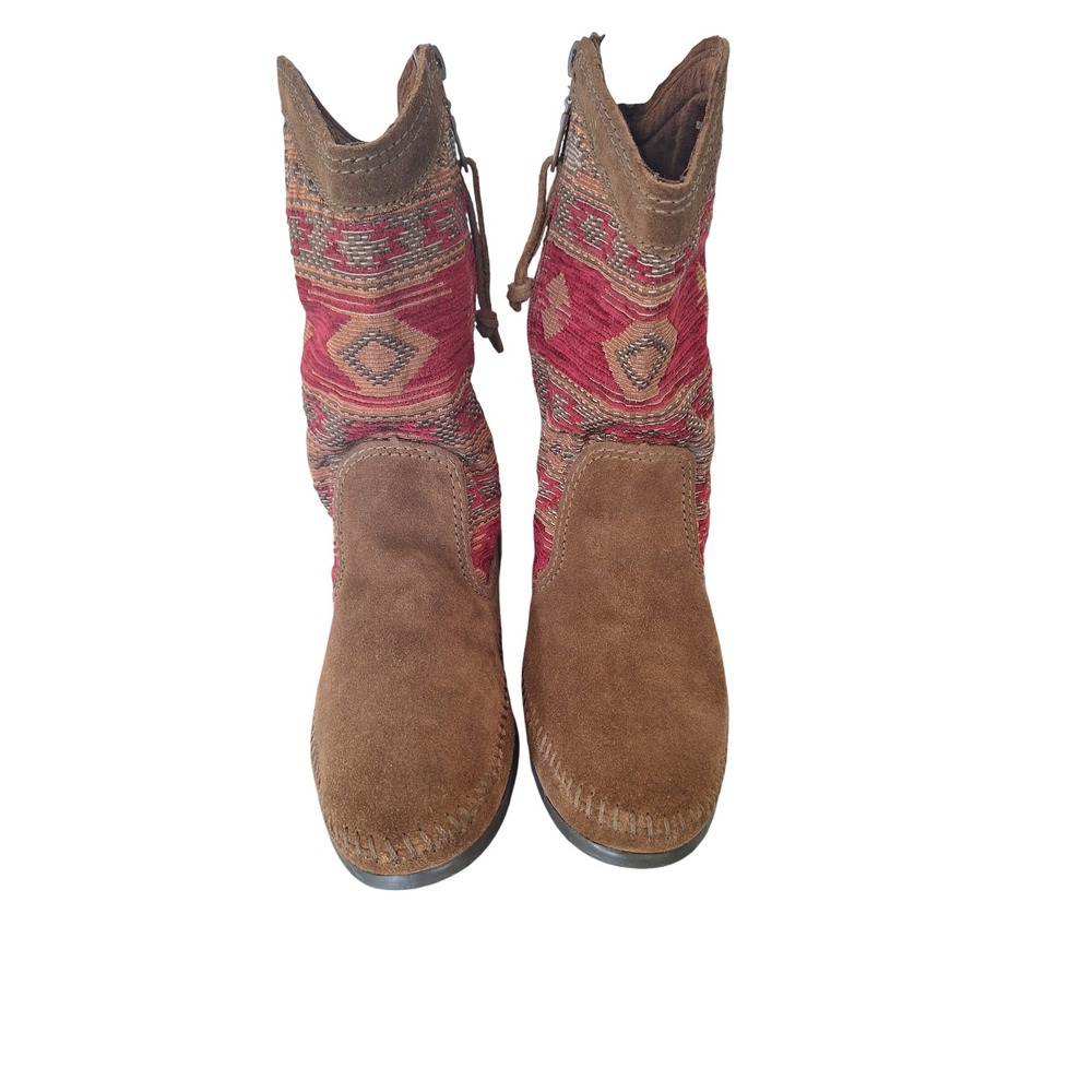 Minnetonka Brown Suede Red Southwest Tapestry Moccasin Boots 1573 Womens 9